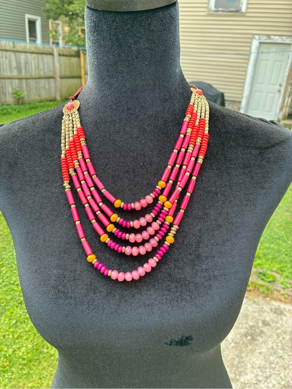 Multistrand Pink & Red Beaded Statement Necklace with Gold Accents